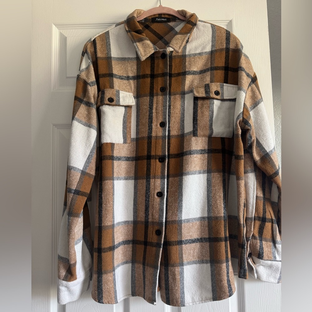Automet oversized  flannel long beige/black shirt XL